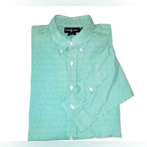 Ralph Lauren Mens L Green White Checked Button Down Long Sleeved Poplin Casual